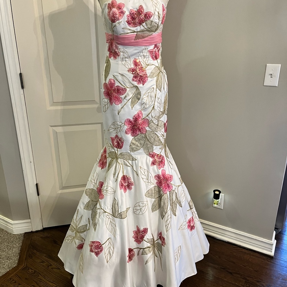 Pink White Gold Flower Sequin Mermaid Prom Dress